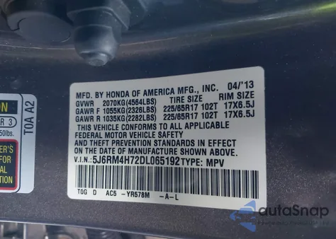 2013 Honda Cr-V Ex-L from USA, damaged, VIN 5J6RM4H72DL065192